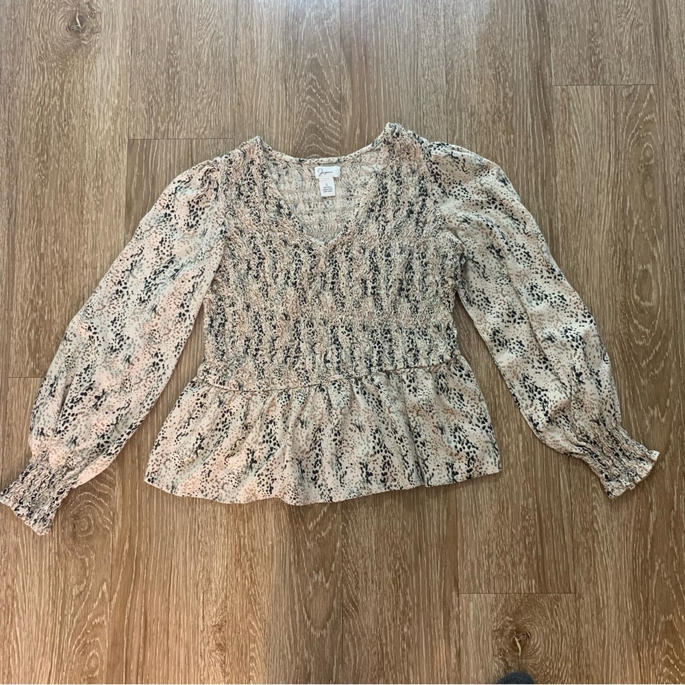 Japna Cream and Black Smocked Peplum V-Neck Blouse